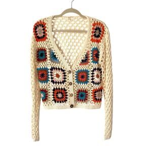 Debut Crochet Cream Granny Square Cardigan Sweater size large
